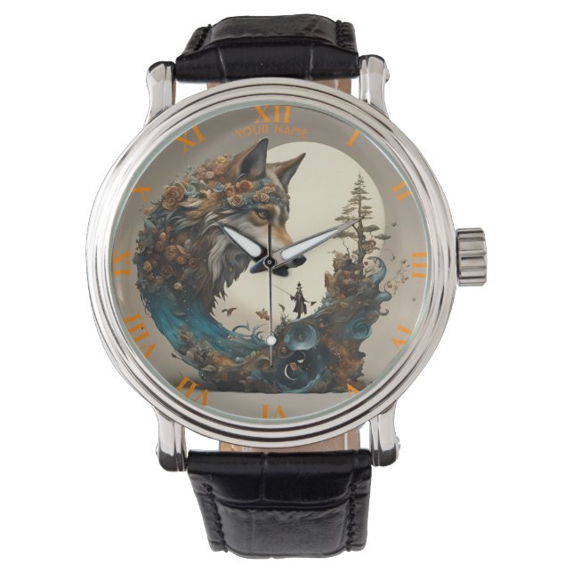 Fantasie Schattigee Vivid Flowers Wolf Wizard Horloge (Voorkant)
