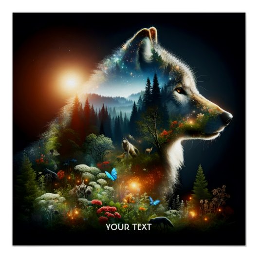 Fantasie Schattigee Wolf Dubbele Expositie Perfect Poster (Voorkant)