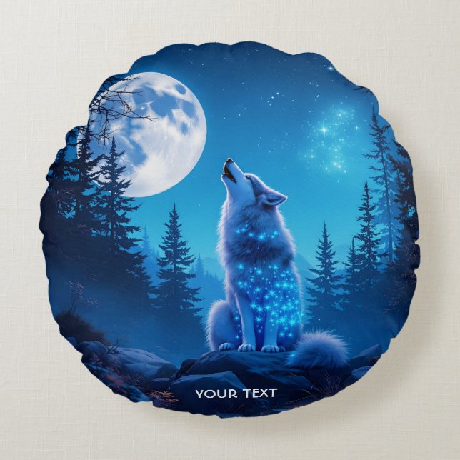 Fantasie Schattigee Wolf Dubbele Expositie Rond Kussen (Voorkant)