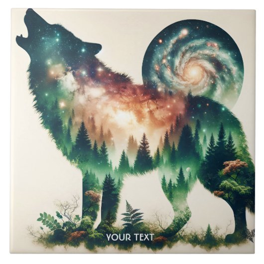 Fantasie Schattigee Wolf Dubbele Expositie Tegeltje (Voorkant)