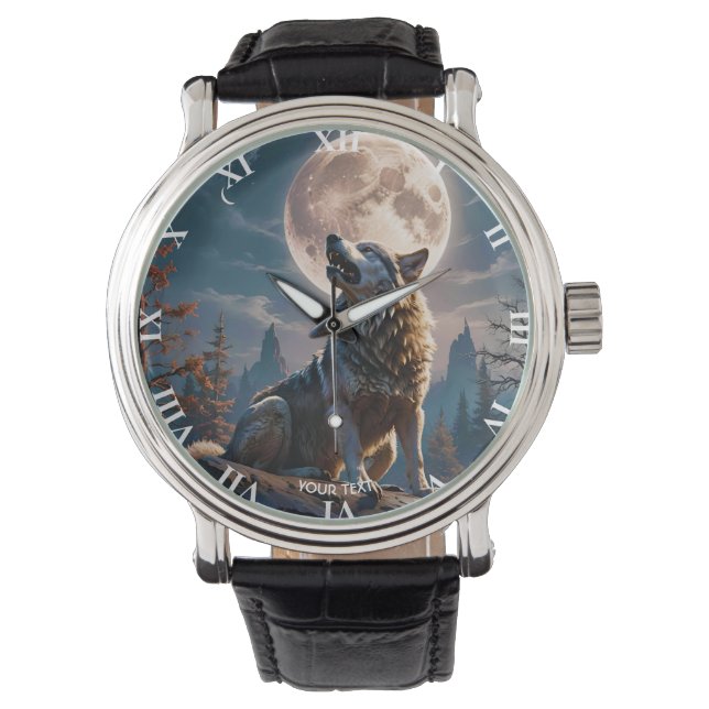 Fantasie Schattigee wolf huilen naar maan Horloge (Voorkant)