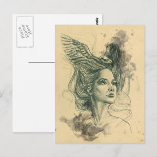Fantasie Vrouw portret Vogelschedel Wings Surreal Briefkaart