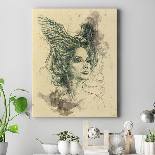 Fantasie Vrouw portret Vogelschedel Wings Surreal Canvas Afdruk