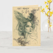 Fantasie Vrouw Vogelschedel Vleugels Surrealistisc Kaart (Gele Bloem)