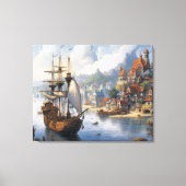 Fantasie Waterfront Village & Ship Canvas Afdruk (Voorkant)