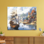 Fantasie Waterfront Village & Ship Canvas Afdruk (Insitu (Woonkamer))