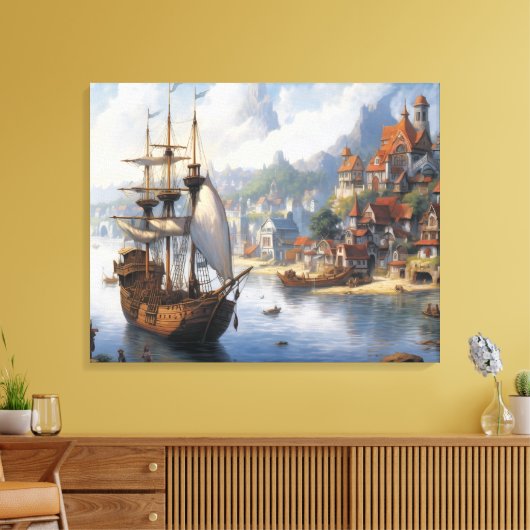 Fantasie Waterfront Village & Ship Canvas Afdruk (Insitu (Woonkamer))
