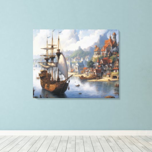 Fantasie Waterfront Village & Ship Canvas Afdruk (Insitu (Houten vloer))