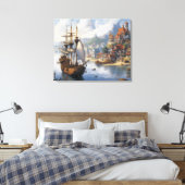Fantasie Waterfront Village & Ship Canvas Afdruk (Insitu (Slaapkamer))
