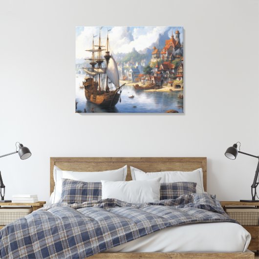Fantasie Waterfront Village & Ship Canvas Afdruk (Insitu (Slaapkamer))