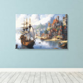 Fantasie Waterfront Village & Ship Canvas Afdruk (Insitu (Houten vloer))