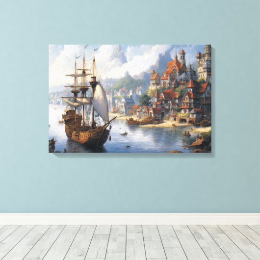 Fantasie Waterfront Village & Ship Canvas Afdruk (Insitu (Houten vloer))