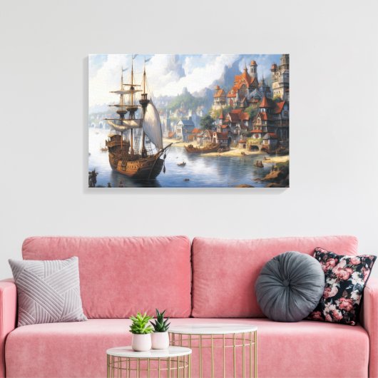 Fantasie Waterfront Village & Ship Canvas Afdruk (Insitu (Woonkamer))