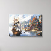 Fantasie Waterfront Village & Ship Canvas Afdruk (Voorkant)
