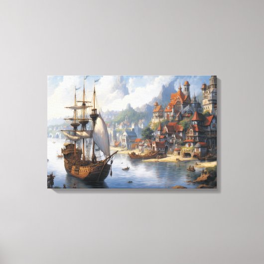 Fantasie Waterfront Village & Ship Canvas Afdruk (Voorkant)