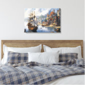 Fantasie Waterfront Village & Ship Canvas Afdruk (Insitu (Slaapkamer))
