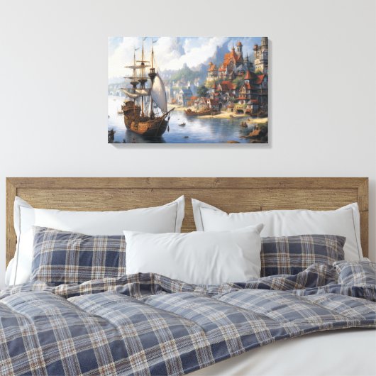 Fantasie Waterfront Village & Ship Canvas Afdruk (Insitu (Slaapkamer))