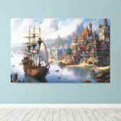 Fantasie Waterfront Village & Ship Canvas Afdruk (Insitu (Houten vloer))