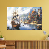 Fantasie Waterfront Village & Ship Canvas Afdruk (Insitu (Woonkamer))