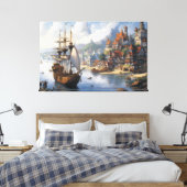 Fantasie Waterfront Village & Ship Canvas Afdruk (Insitu (Slaapkamer))