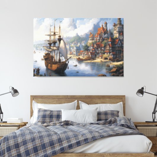 Fantasie Waterfront Village & Ship Canvas Afdruk (Insitu (Slaapkamer))