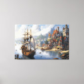 Fantasie Waterfront Village & Ship Canvas Afdruk (Voorkant)