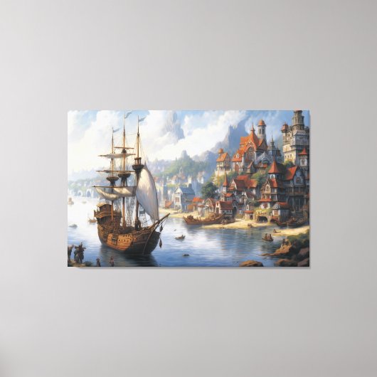 Fantasie Waterfront Village & Ship Canvas Afdruk (Voorkant)