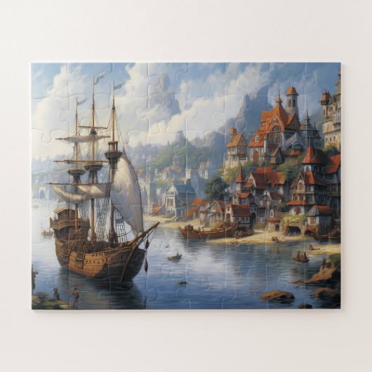 Fantasie Waterfront Village & Ship Legpuzzel (Horizontaal)