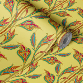 Fantasie wijnstok van goud, rode en groene bladere behang