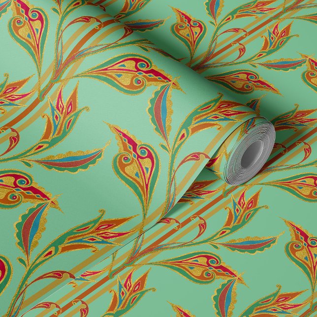 Fantasie wijnstok van goud, rood, groen, bladeren  behang (Creator heeft geüpload)