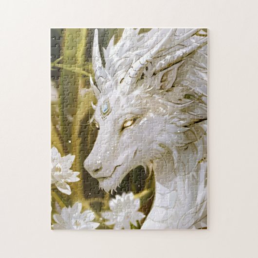 Fantasie Witte en Gouden Draak met bloemen Legpuzzel (Verticaal)