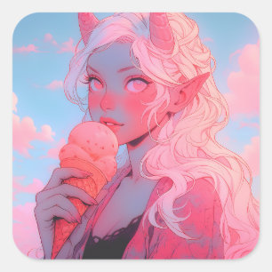 Fantasie Zacht Roze IJs Anime Girl Vierkante Sticker