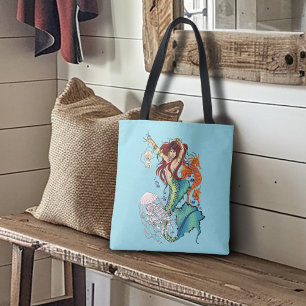 Fantasie Zeemeermin Blauwgroen Staart Tote Bag