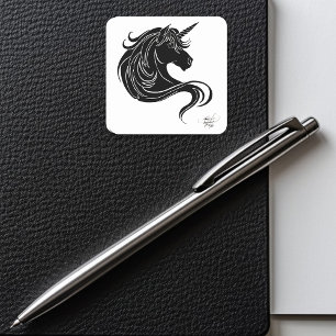 Fantasie Zwarte Tribal Eenhoring Wit Minimalistisc Vierkante Sticker