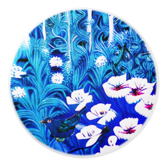 Fantasiebos met bloemen en vogels keramische knop (Voorkant)