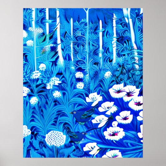 Fantasiebos met bloemen en vogels poster (Voorkant)
