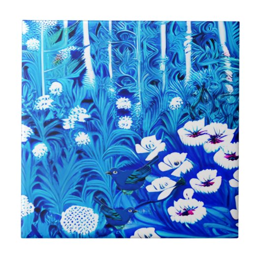 Fantasiebos met bloemen en vogels tegeltje (Voorkant)