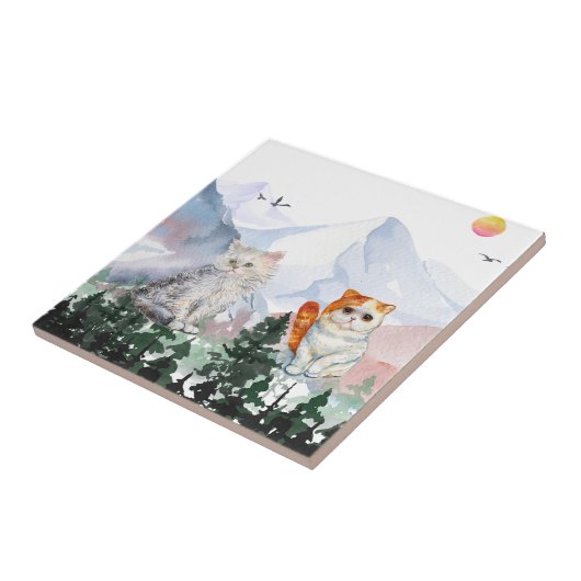 fantasiegerelateerde katten in de bergen tegeltje (Zijkant)