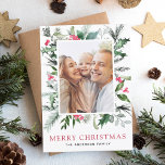 Fantasienaam kerstfeestdag feestdagenkaart<br><div class="desc">Vrolijk kerstfotokaartje en aangepast afbeelding en naam met Holiday Greenery,  Holly Berries en Red Background.</div>