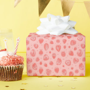 fantasiepatroon met aardbeien op roze cadeaupapier