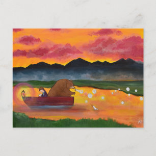 Fantasierijke beer en jongens zonsondergangskunst briefkaart