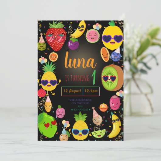 Fantasierijke Fruit Verjaardagsuitnodiging Kaart (Staand voorkant)