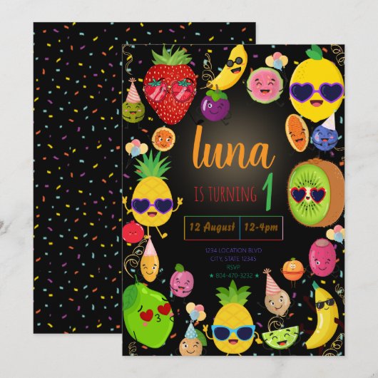 Fantasierijke Fruit Verjaardagsuitnodiging Kaart (Voorkant / Achterkant)