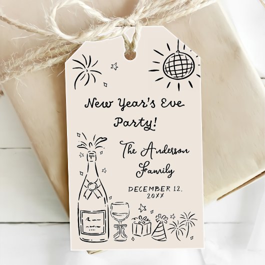 Fantasierijke handgetekende oudejaarsfeest cadeaulabel