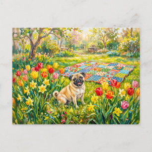Fantasierijke lente-tuin mopshond illustratie feestdagenkaart