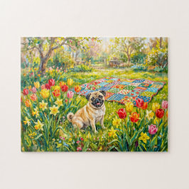 Fantasierijke lente tuinschildering van mopshond legpuzzel