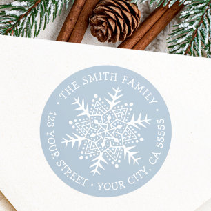 Fantasierijke sneeuwvlok stoffig blauwe retouradre ronde sticker