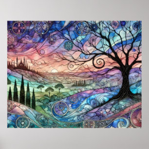 Fantasiest Landschap met Boom en Kleurrijke Zonson Poster