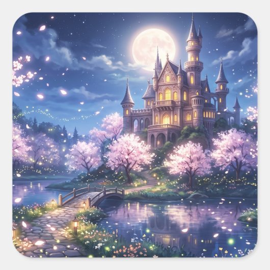 Fantasiestad en kasteel vierkante sticker (Voorkant)