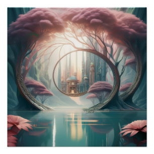 Fantasiestad Gezien Door Een Blauwe Meer En Roze B Perfect Poster
